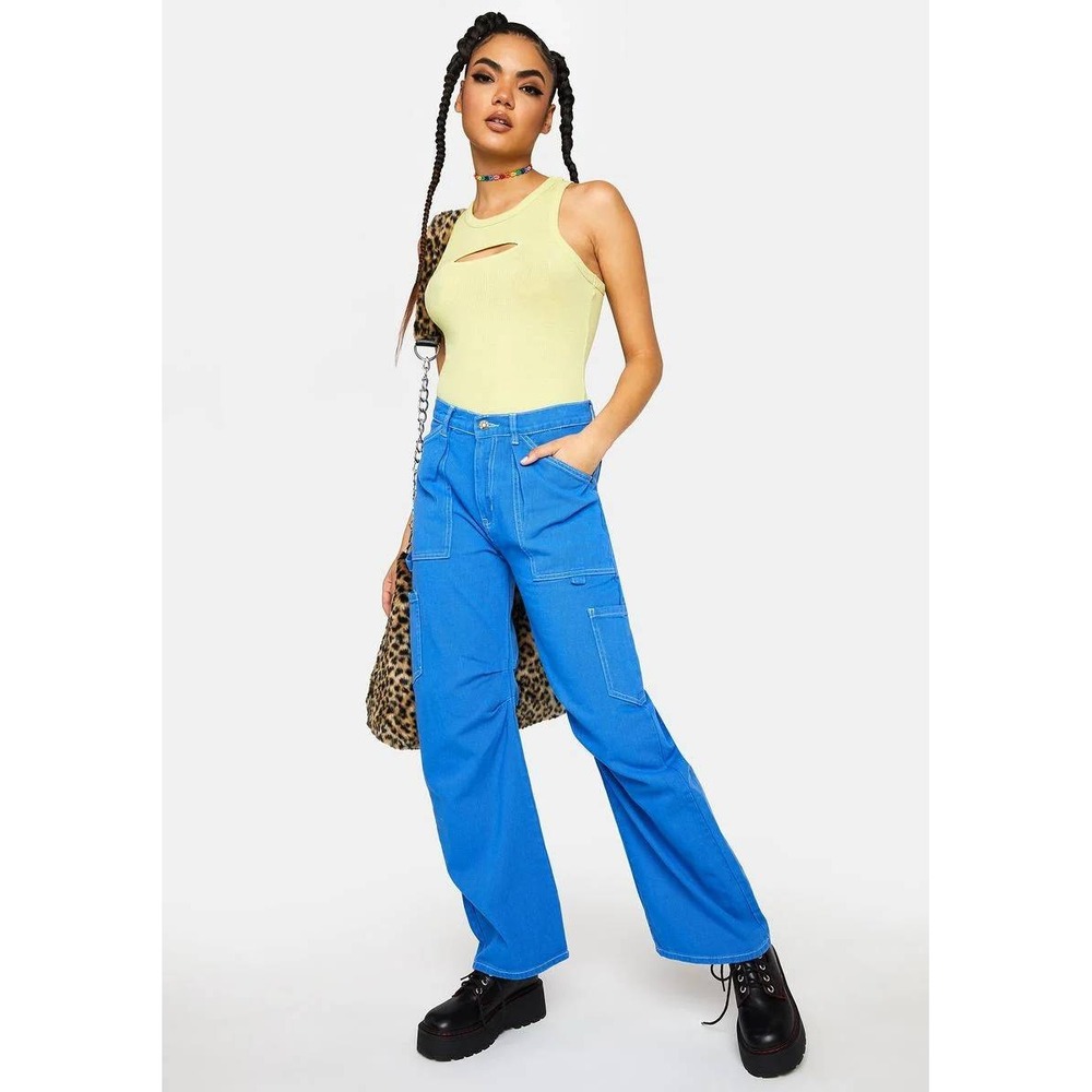 Lioness Cotton Denim High Rise Wide Leg Miami Vice Pants Blue Women's Size S - Picture 2 of 15
